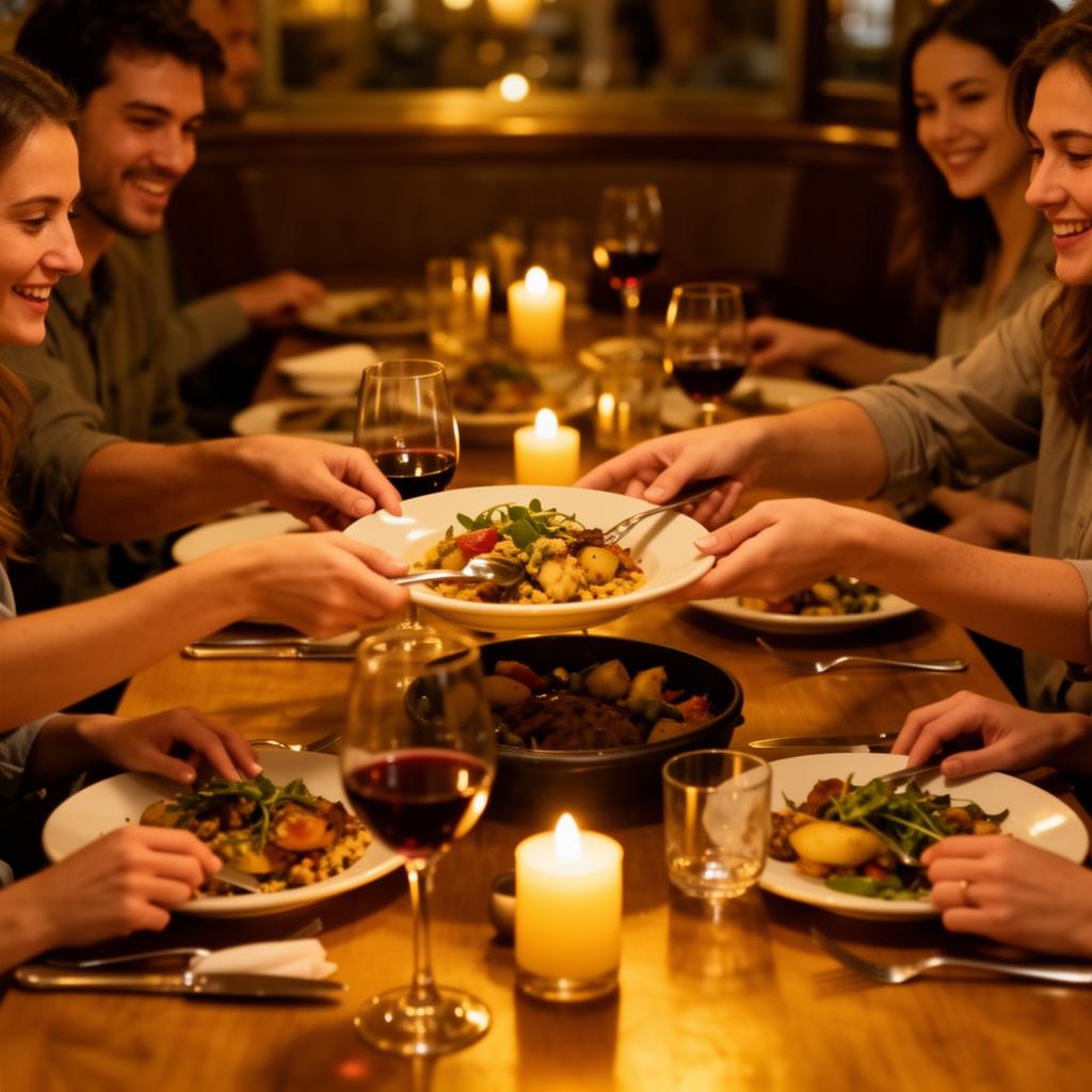 Friends sharing dishes around a candlelit restaurant table