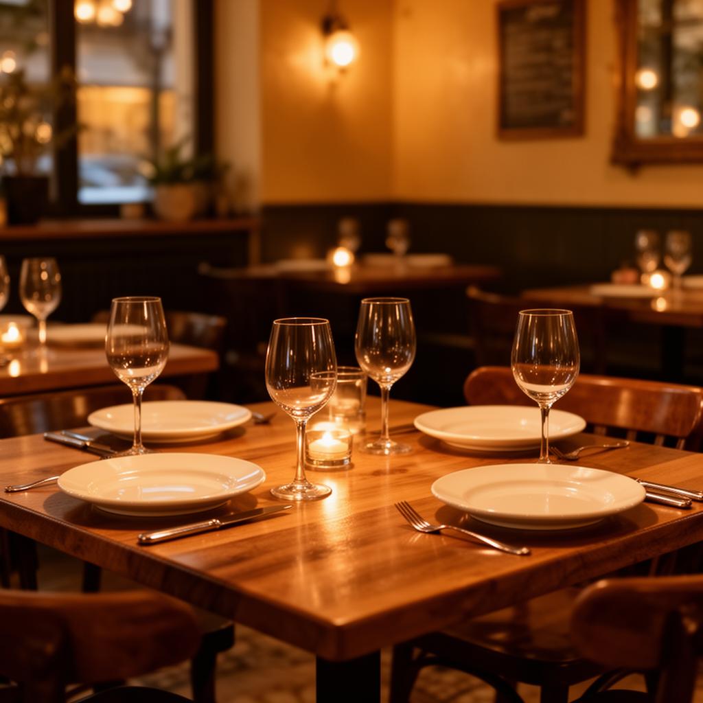 A warmly lit restaurant table set with plates and wine glasses