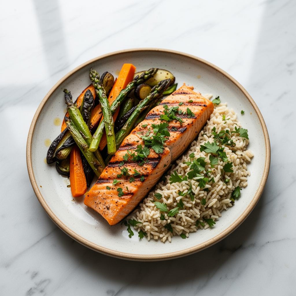 A gluten-free plate of grilled salmon, roasted vegetables and rice
